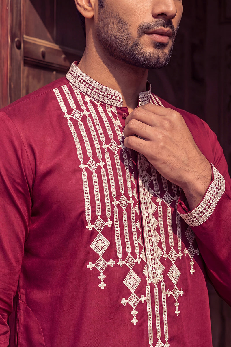 Maroon Silk Blend Embroidered Straight Kurta | SHOBITAM