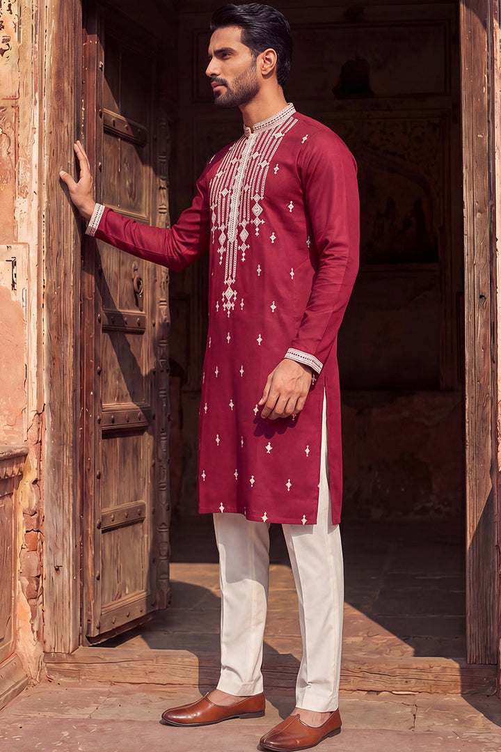 Maroon Silk Blend Embroidered Straight Kurta | SHOBITAM
