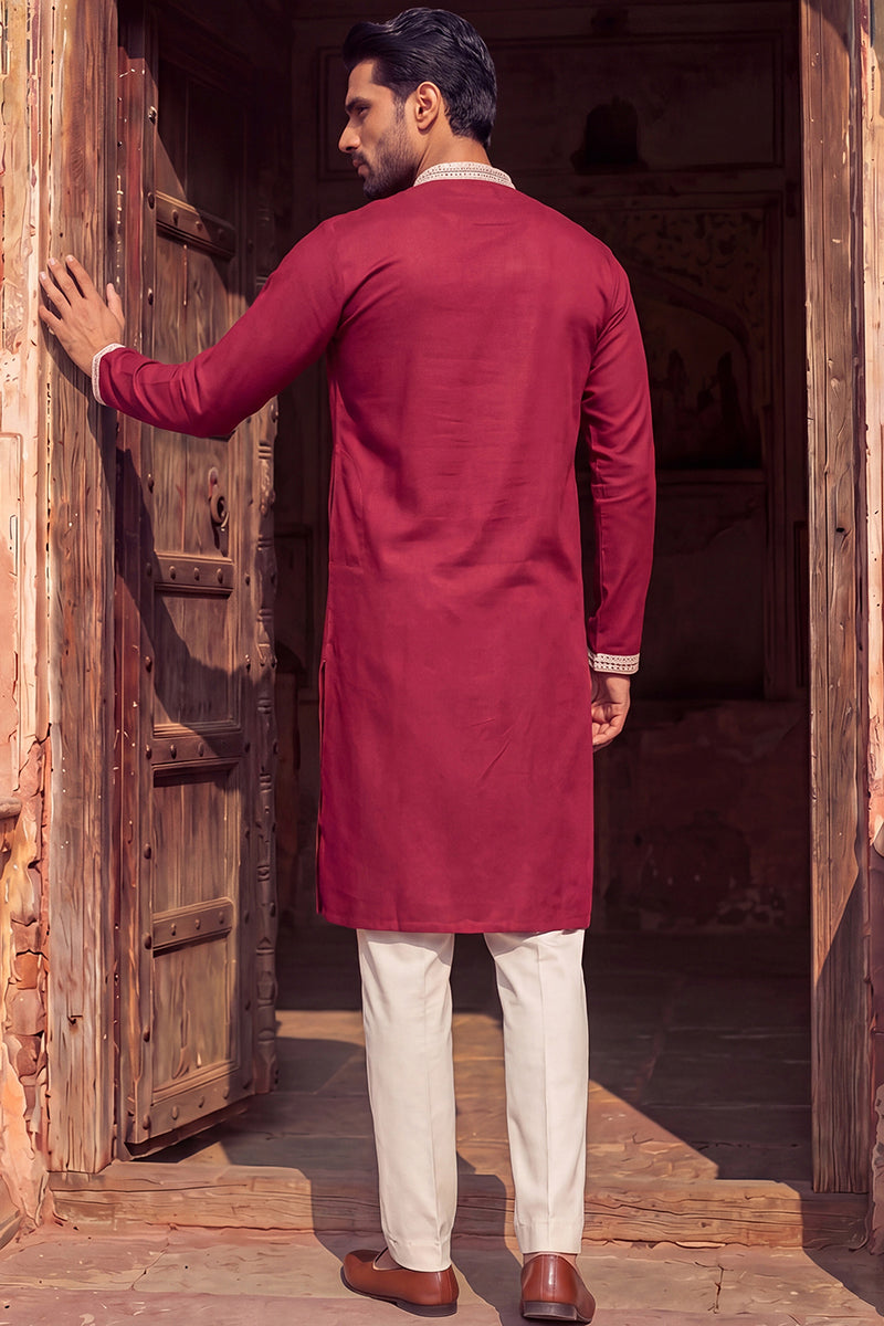 Maroon Silk Blend Embroidered Straight Kurta | SHOBITAM