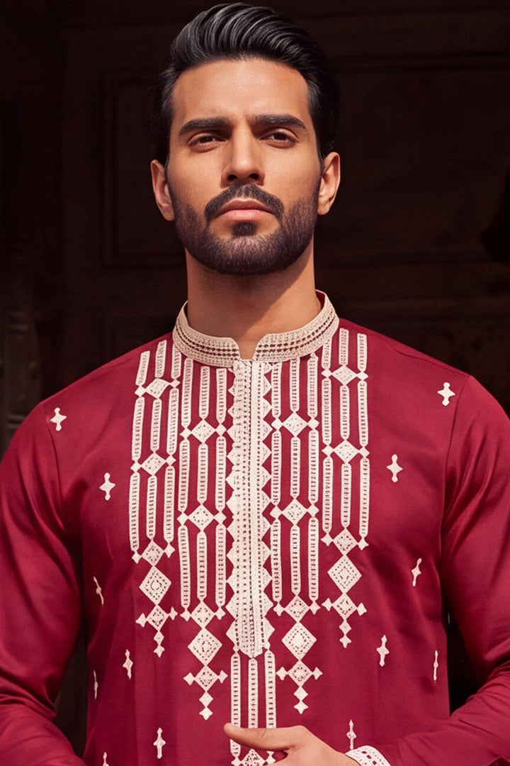 Maroon Silk Blend Embroidered Straight Kurta | SHOBITAM
