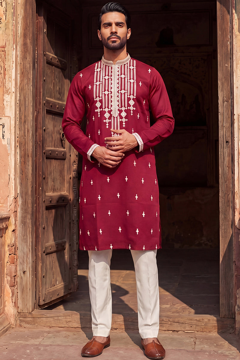 Maroon Silk Blend Embroidered Straight Kurta | SHOBITAM