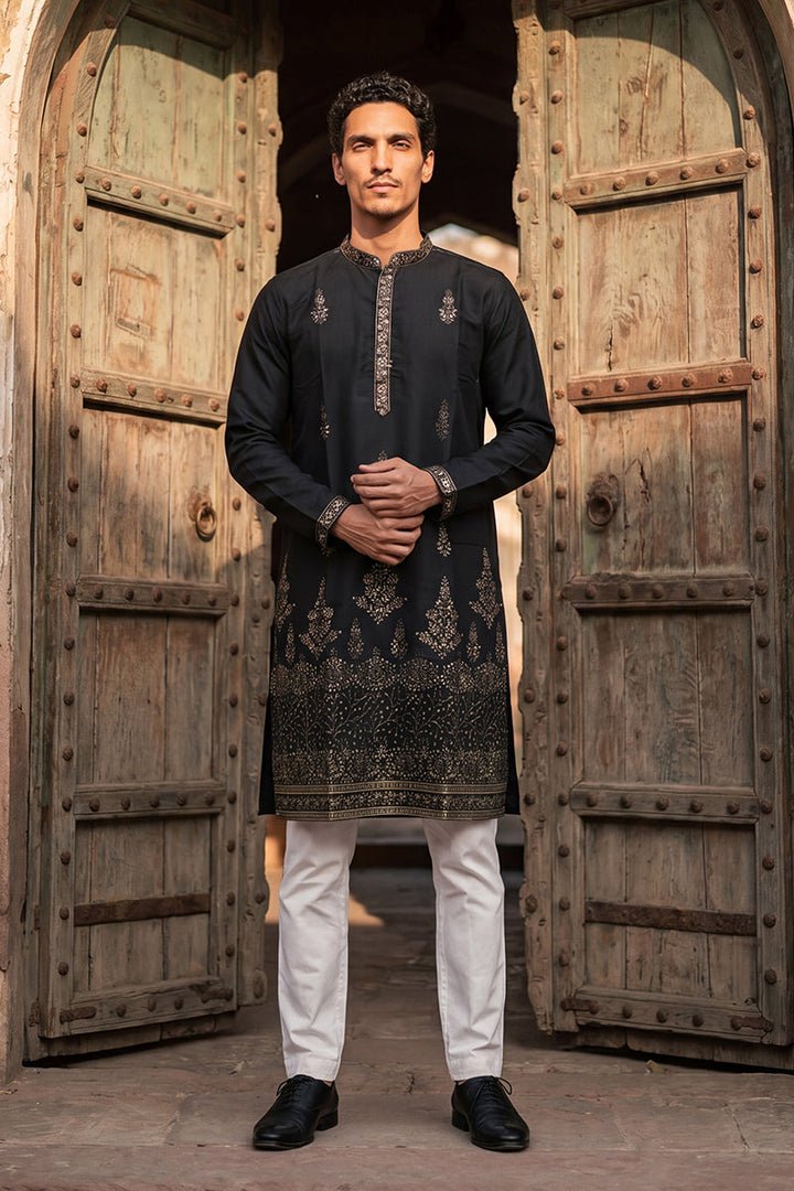 Men Black Silk Blend Embroidered Straight Kurta Sets | SHOBITAM