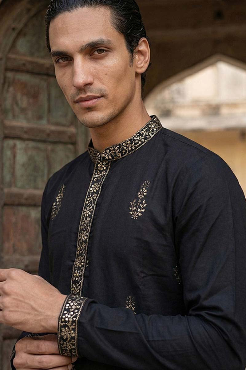 Men Black Silk Blend Embroidered Straight Kurta Sets | SHOBITAM