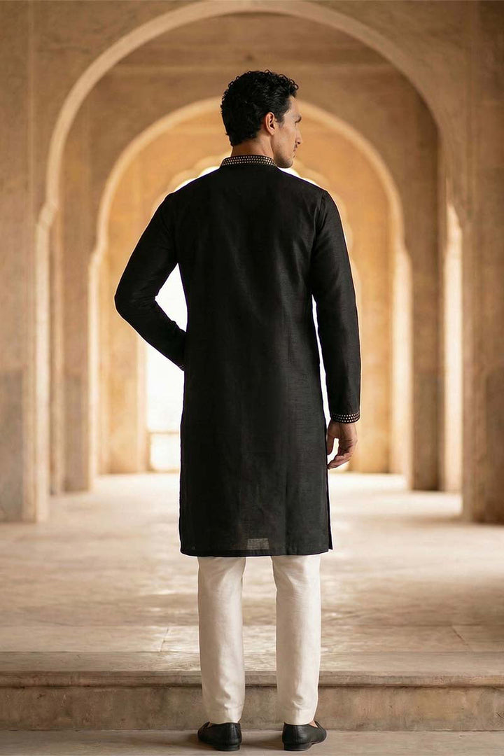 Men Black Silk Blend Embroidered Straight Kurta Sets | SHOBITAM