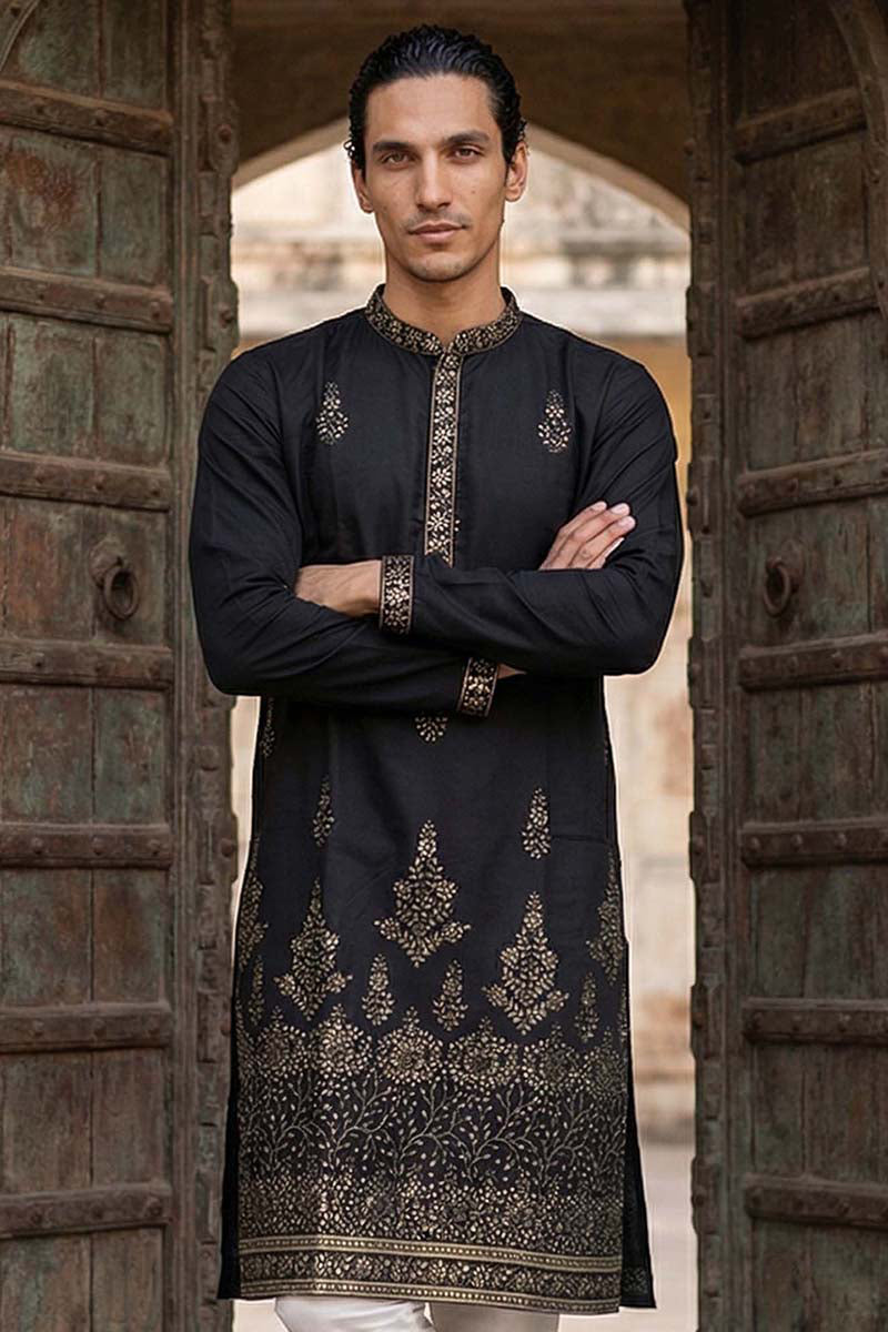 Men Black Silk Blend Embroidered Straight Kurta Sets | SHOBITAM