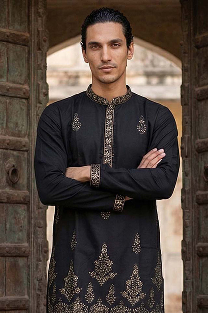Men Black Silk Blend Embroidered Straight Kurta Sets | SHOBITAM