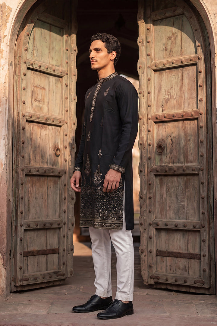 Men Black Silk Blend Embroidered Straight Kurta Sets | SHOBITAM