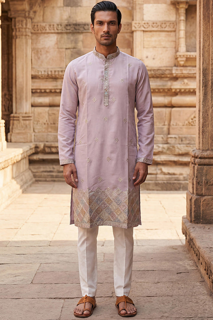 Lavender Silk Blend Embroidered Straight Kurta | SHOBITAM