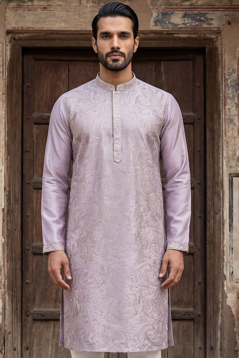 Men Lavender Silk Blend Embroidered Straight Kurta Sets | SHOBITAM