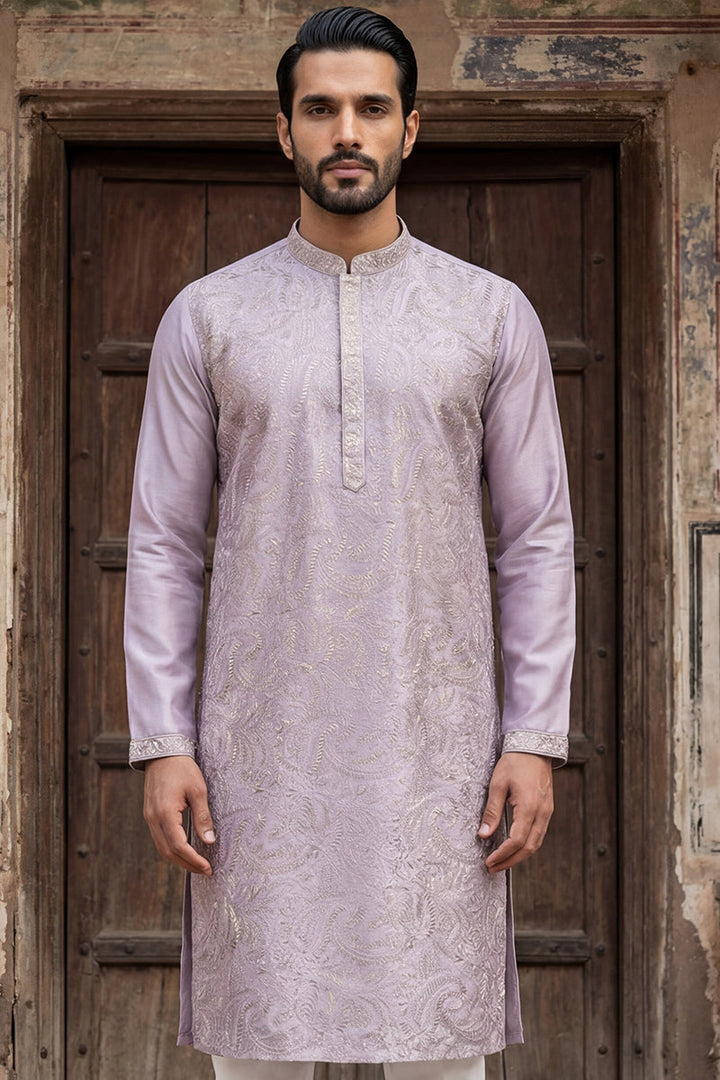 Men Lavender Silk Blend Embroidered Straight Kurta Sets | SHOBITAM
