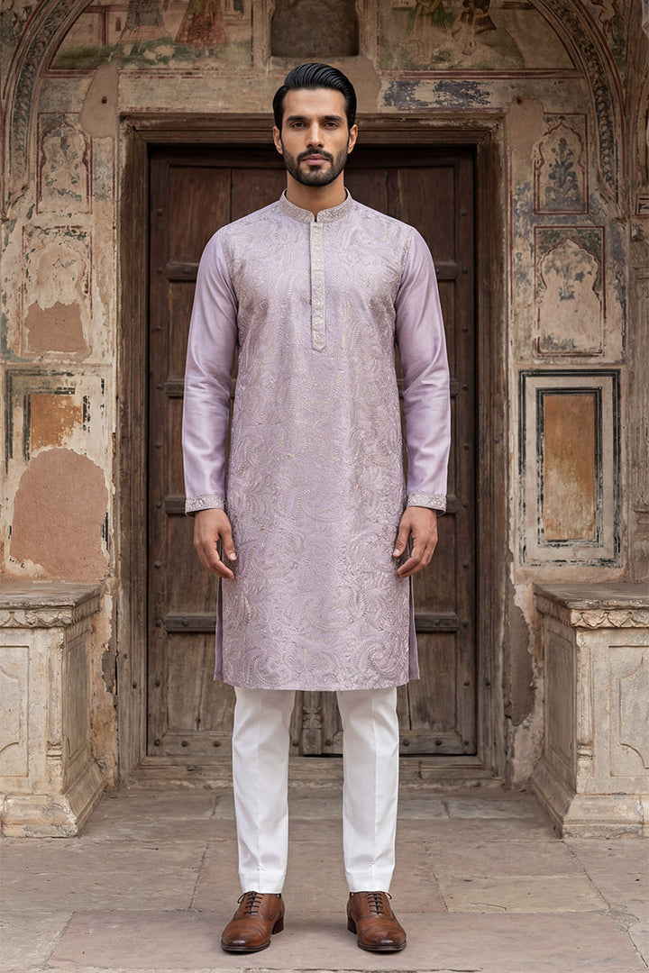 Men Lavender Silk Blend Embroidered Straight Kurta Sets | SHOBITAM