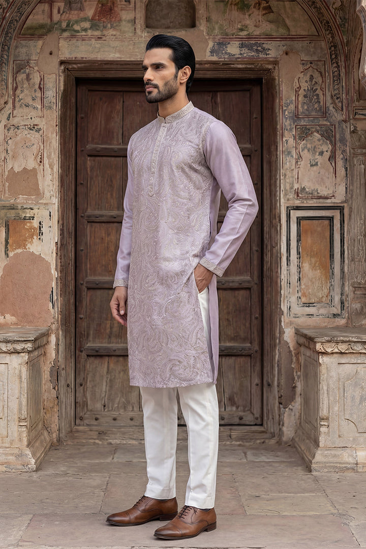 Men Lavender Silk Blend Embroidered Straight Kurta Sets | SHOBITAM