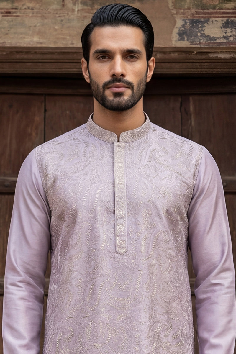 Men Lavender Silk Blend Embroidered Straight Kurta Sets | SHOBITAM