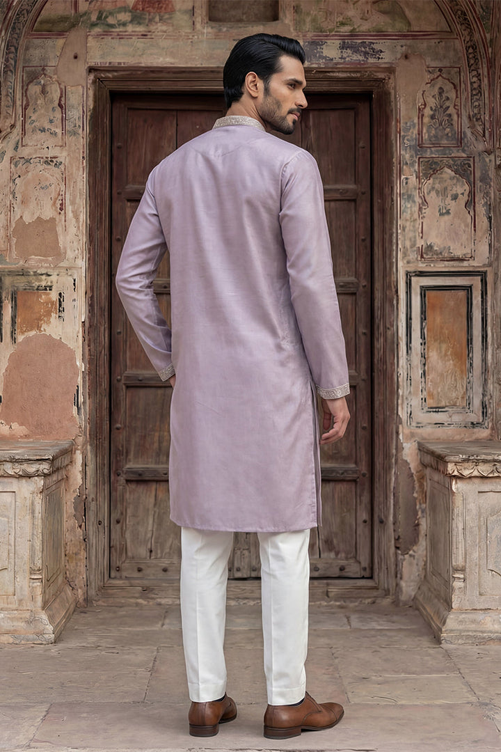 Men Lavender Silk Blend Embroidered Straight Kurta Sets | SHOBITAM