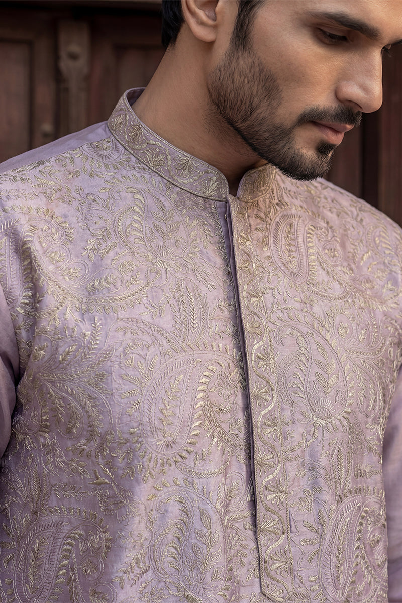 Men Lavender Silk Blend Embroidered Straight Kurta Sets | SHOBITAM