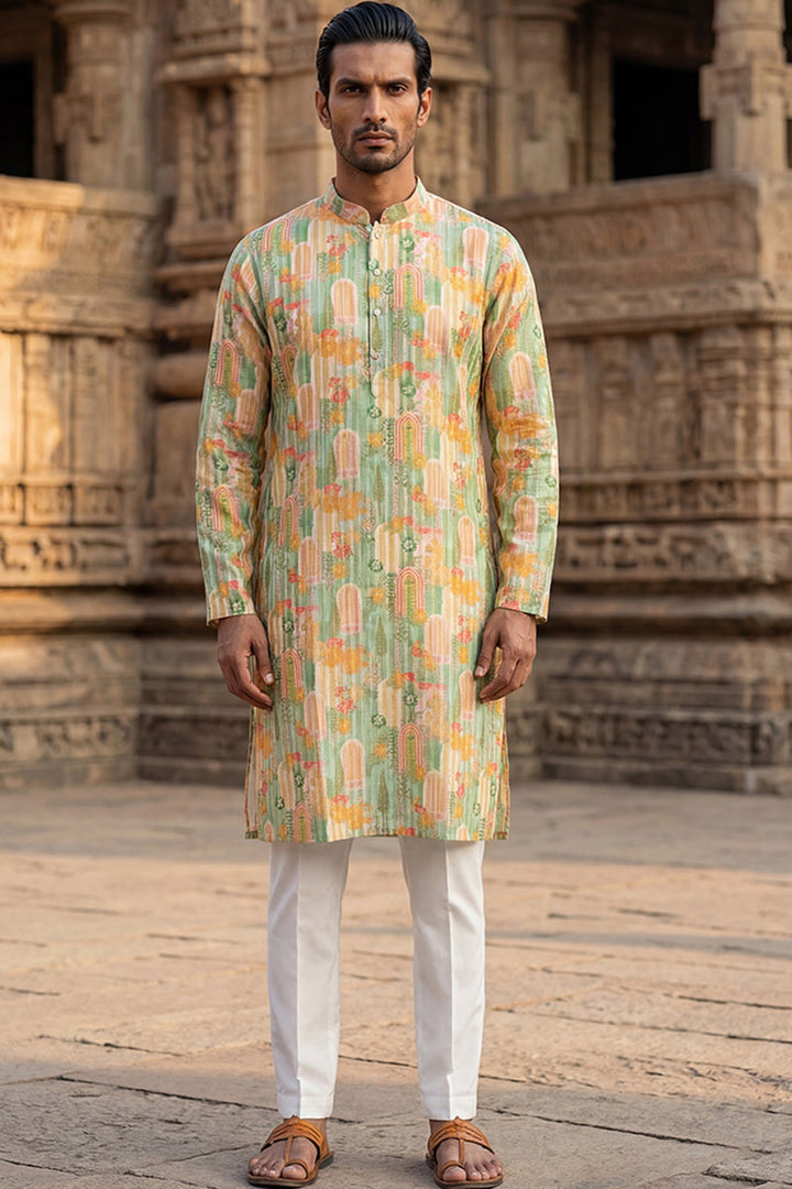 Green Silk Blend Printed Straight Kurta | SHOBITAM