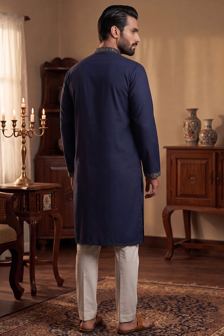 Men Blue Silk Blend Embroidered Straight Kurta Sets | SHOBITAM