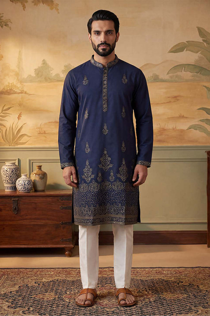 Men Blue Silk Blend Embroidered Straight Kurta Sets | SHOBITAM
