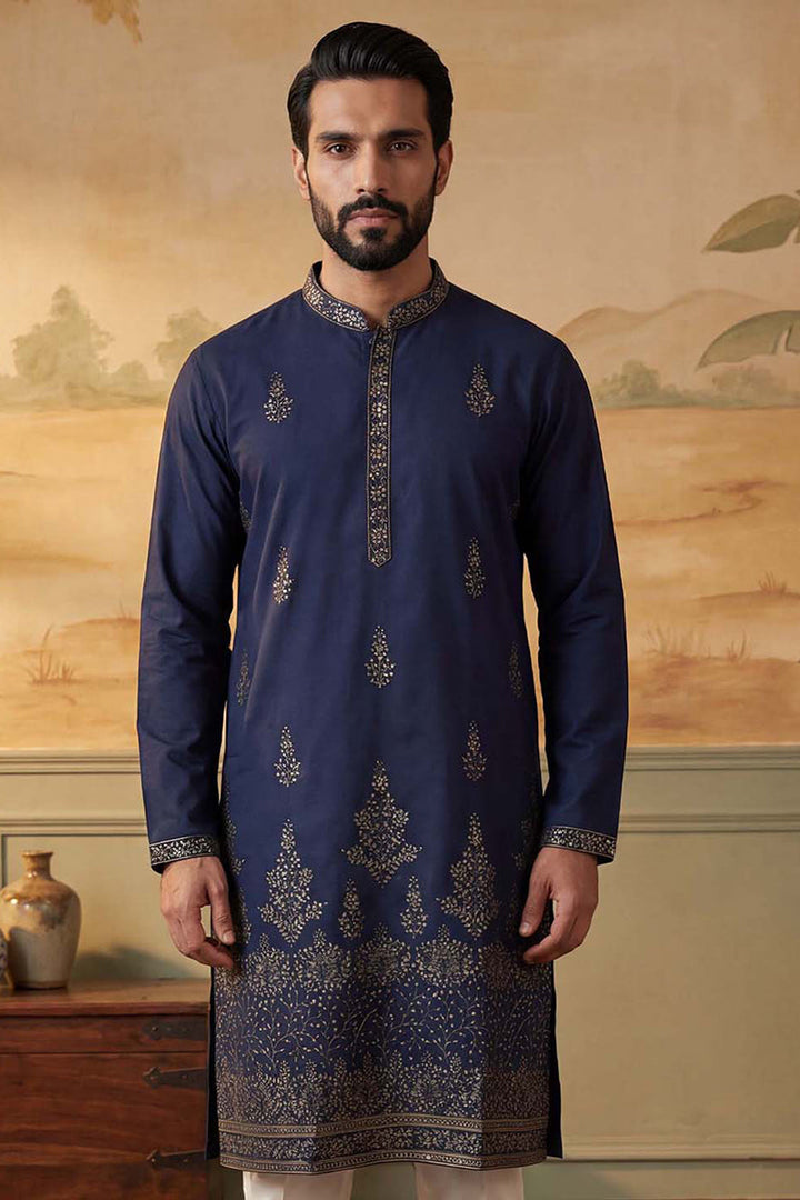 Men Blue Silk Blend Embroidered Straight Kurta Sets | SHOBITAM