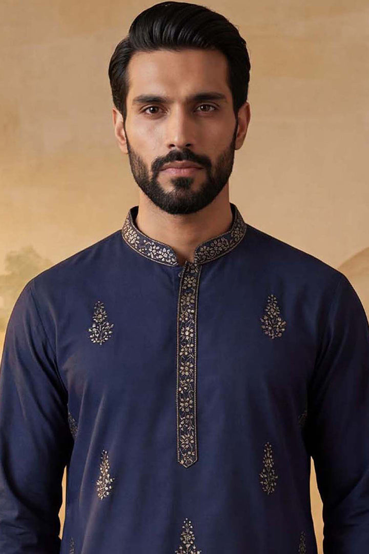 Men Blue Silk Blend Embroidered Straight Kurta Sets | SHOBITAM