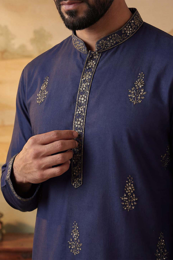 Men Blue Silk Blend Embroidered Straight Kurta Sets | SHOBITAM