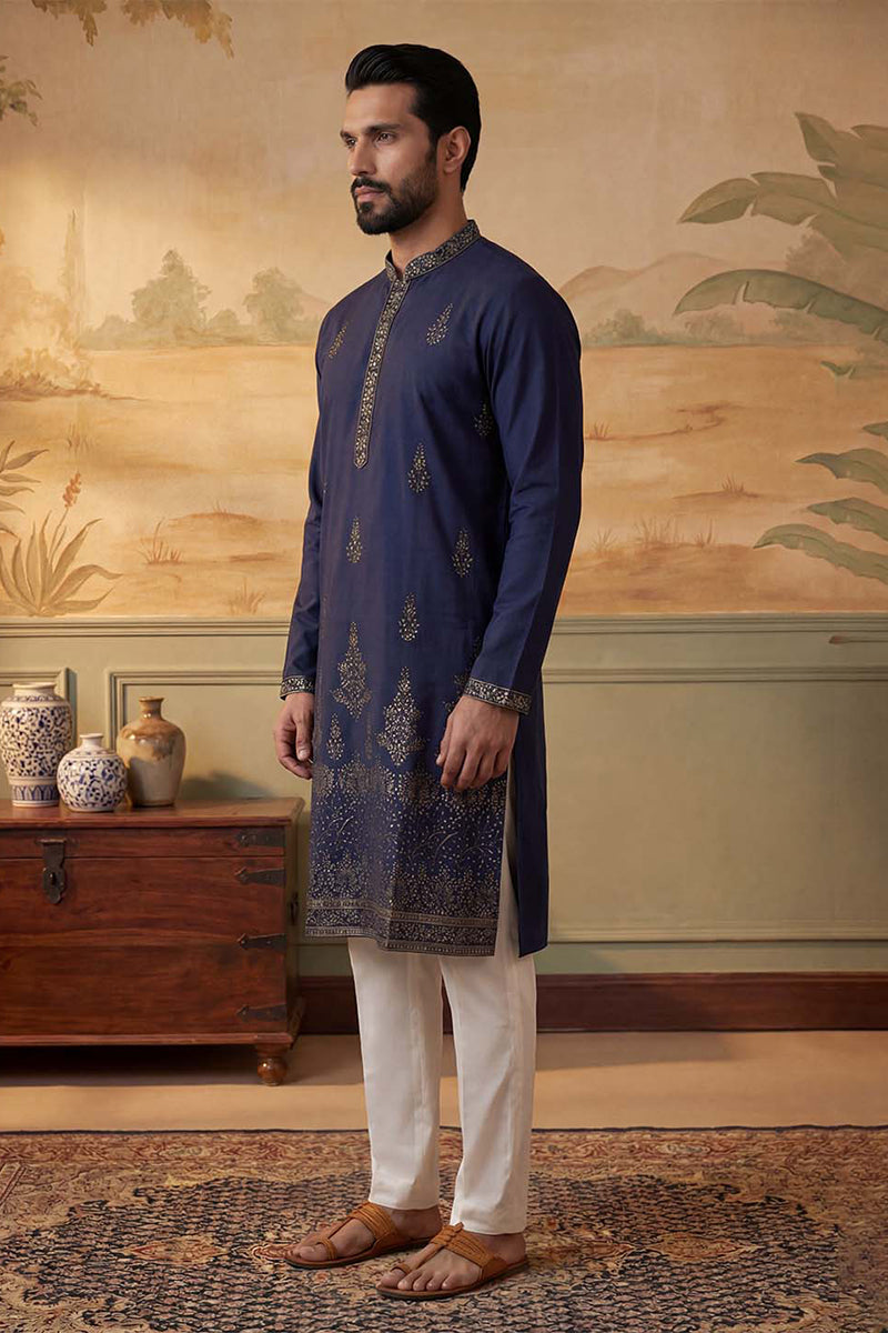 Men Blue Silk Blend Embroidered Straight Kurta Sets | SHOBITAM