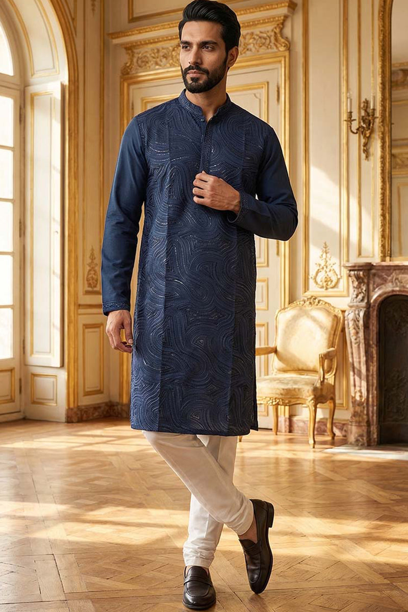 Blue Silk Blend Embroidered Straight Kurta | SHOBITAM