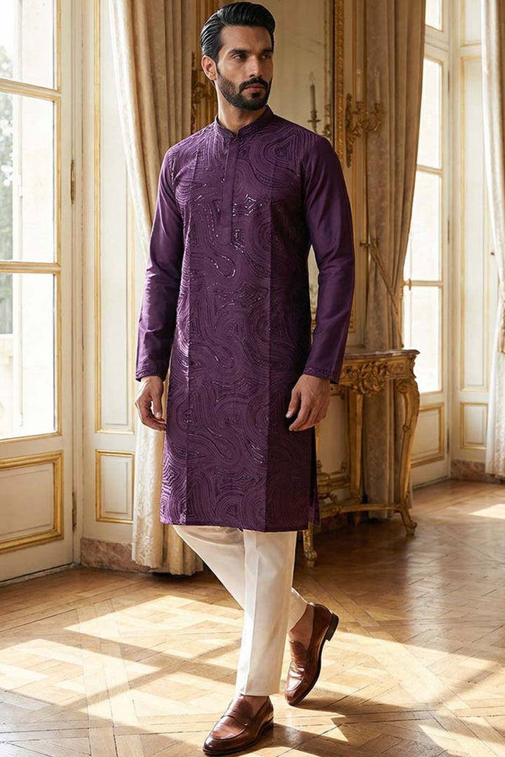 Purple Silk Blend Embroidered Straight Kurta | SHOBITAM