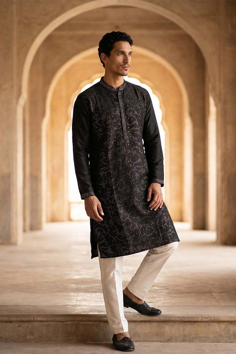 Silk Blend Black Solid Embroidered Calf Length Straight Kurta | SHOBITAM