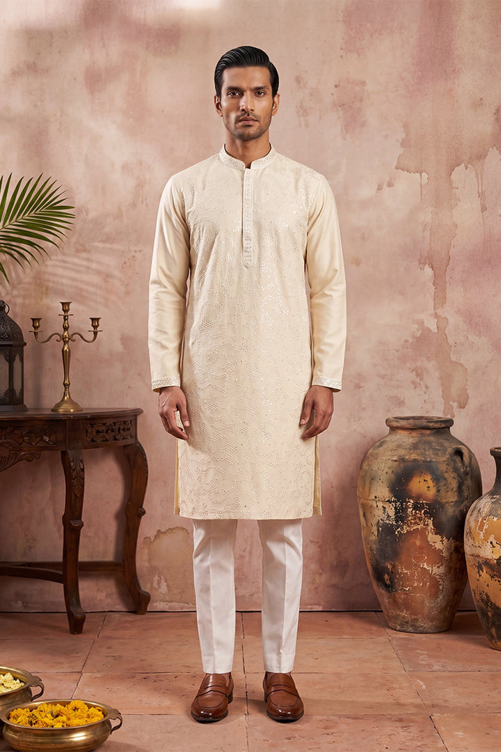 Men Off White Silk Blend Embroidered Straight Kurta | SHOBITAM