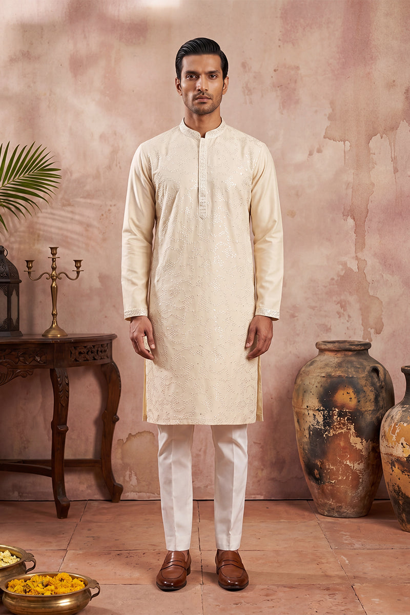 Men Off White Silk Blend Embroidered Straight Kurta Sets | SHOBITAM