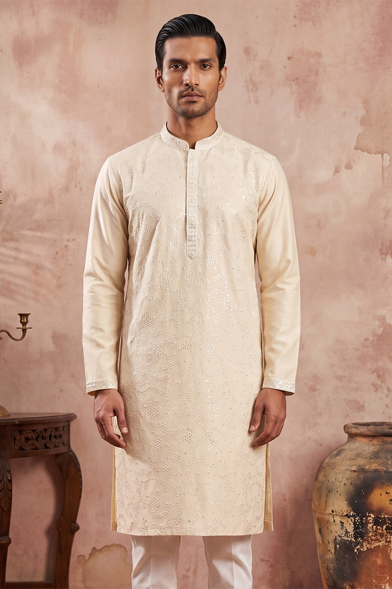 Men Off White Silk Blend Embroidered Straight Kurta Sets | SHOBITAM
