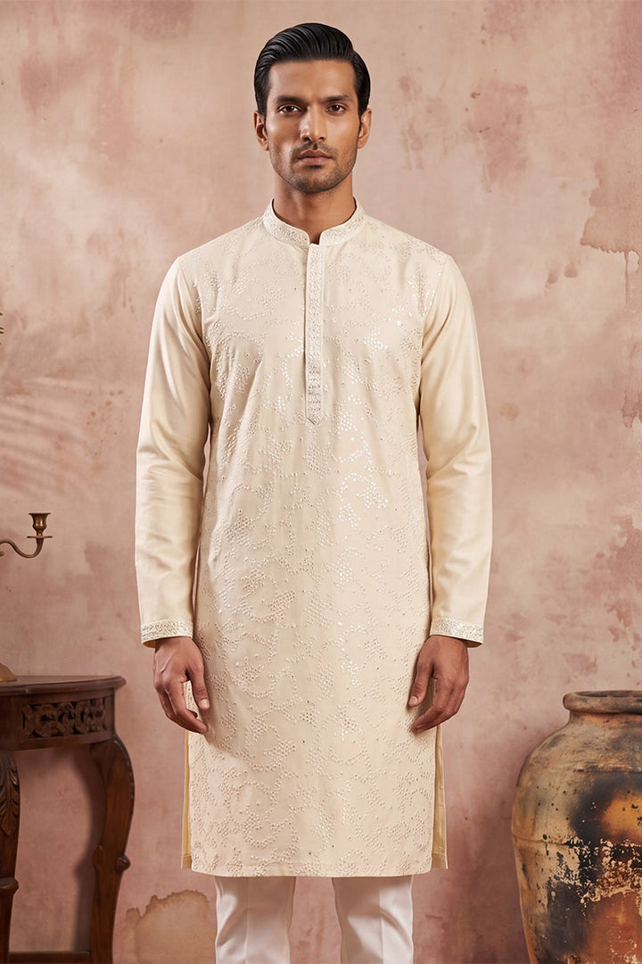 Men Off White Silk Blend Embroidered Straight Kurta Sets | SHOBITAM