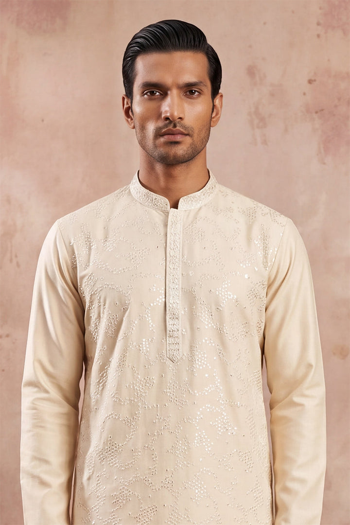 Men Off White Silk Blend Embroidered Straight Kurta | SHOBITAM