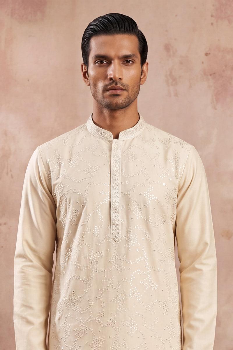 Men Off White Silk Blend Embroidered Straight Kurta Sets | SHOBITAM