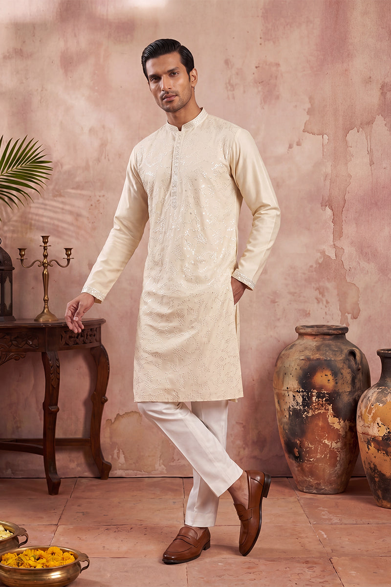 Men Off White Silk Blend Embroidered Straight Kurta | SHOBITAM