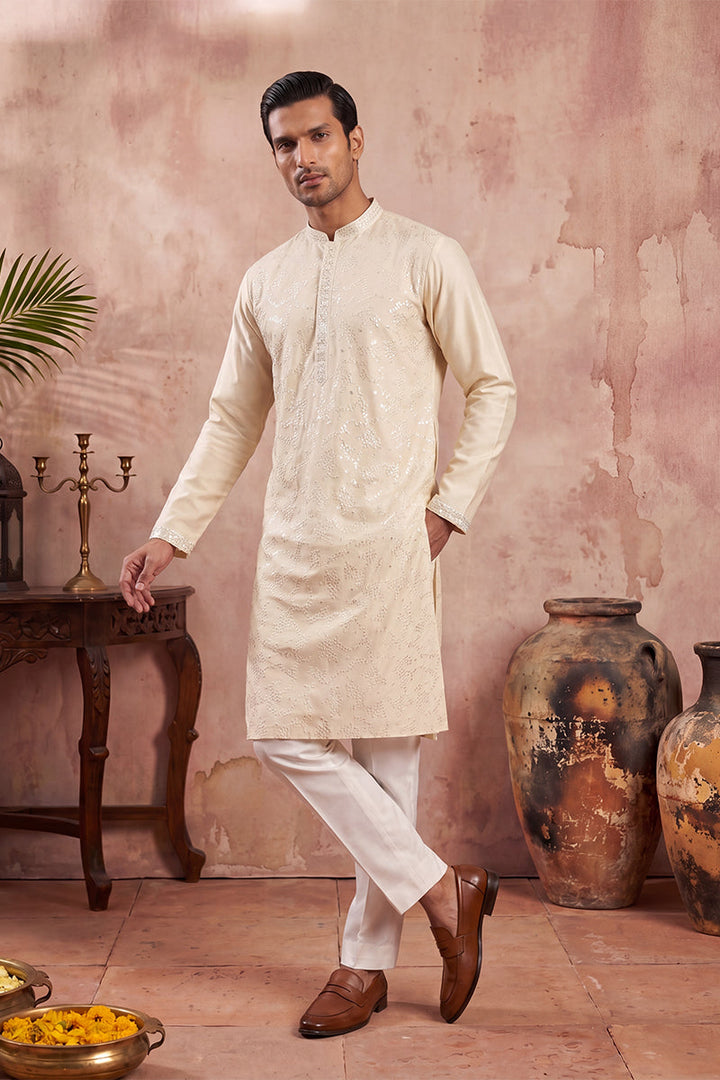 Men Off White Silk Blend Embroidered Straight Kurta | SHOBITAM