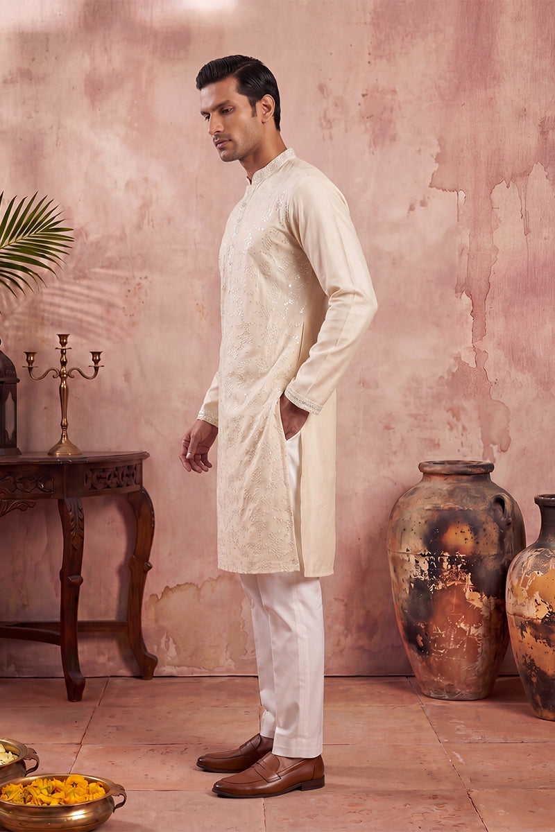 Men Off White Silk Blend Embroidered Straight Kurta | SHOBITAM