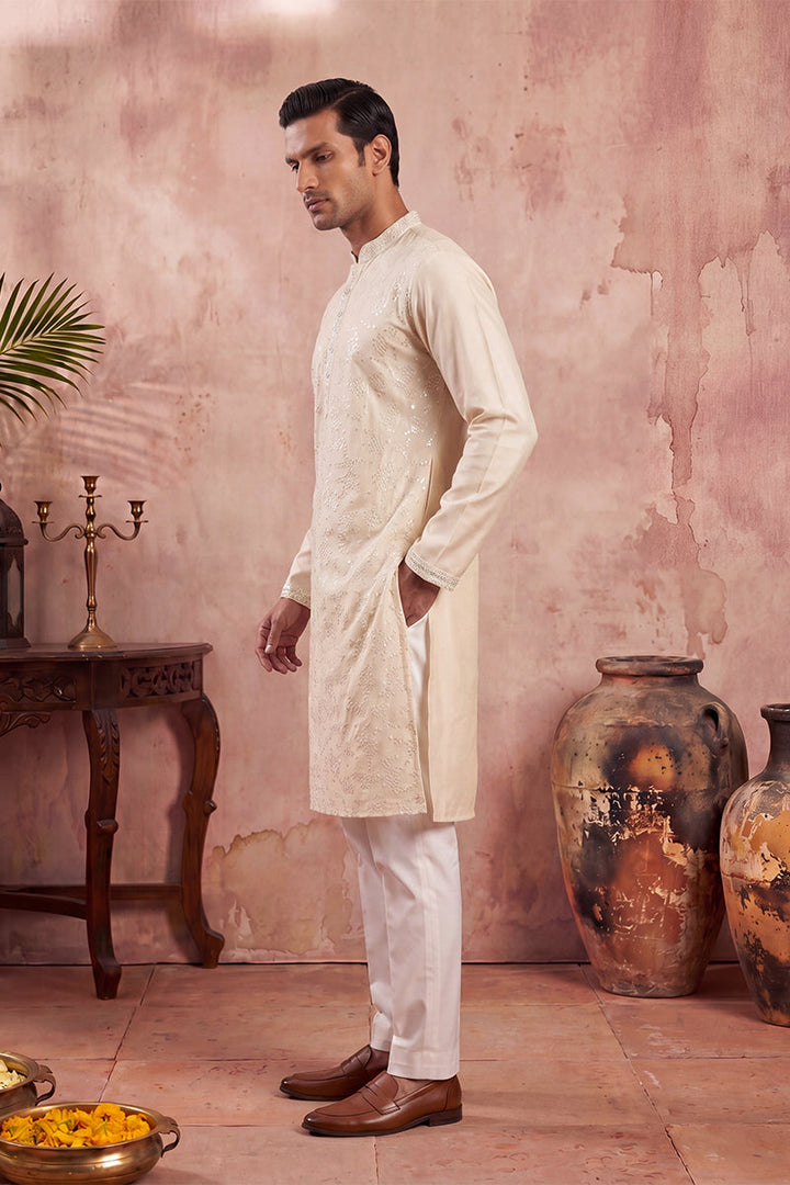 Men Off White Silk Blend Embroidered Straight Kurta | SHOBITAM