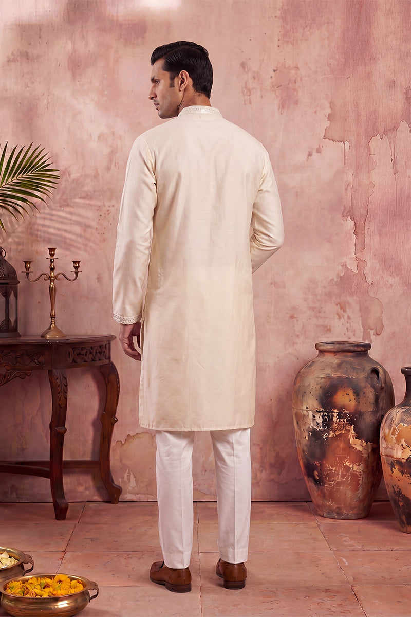 Men Off White Silk Blend Embroidered Straight Kurta Sets | SHOBITAM