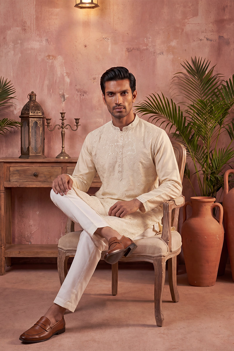 Men Off White Silk Blend Embroidered Straight Kurta Sets | SHOBITAM