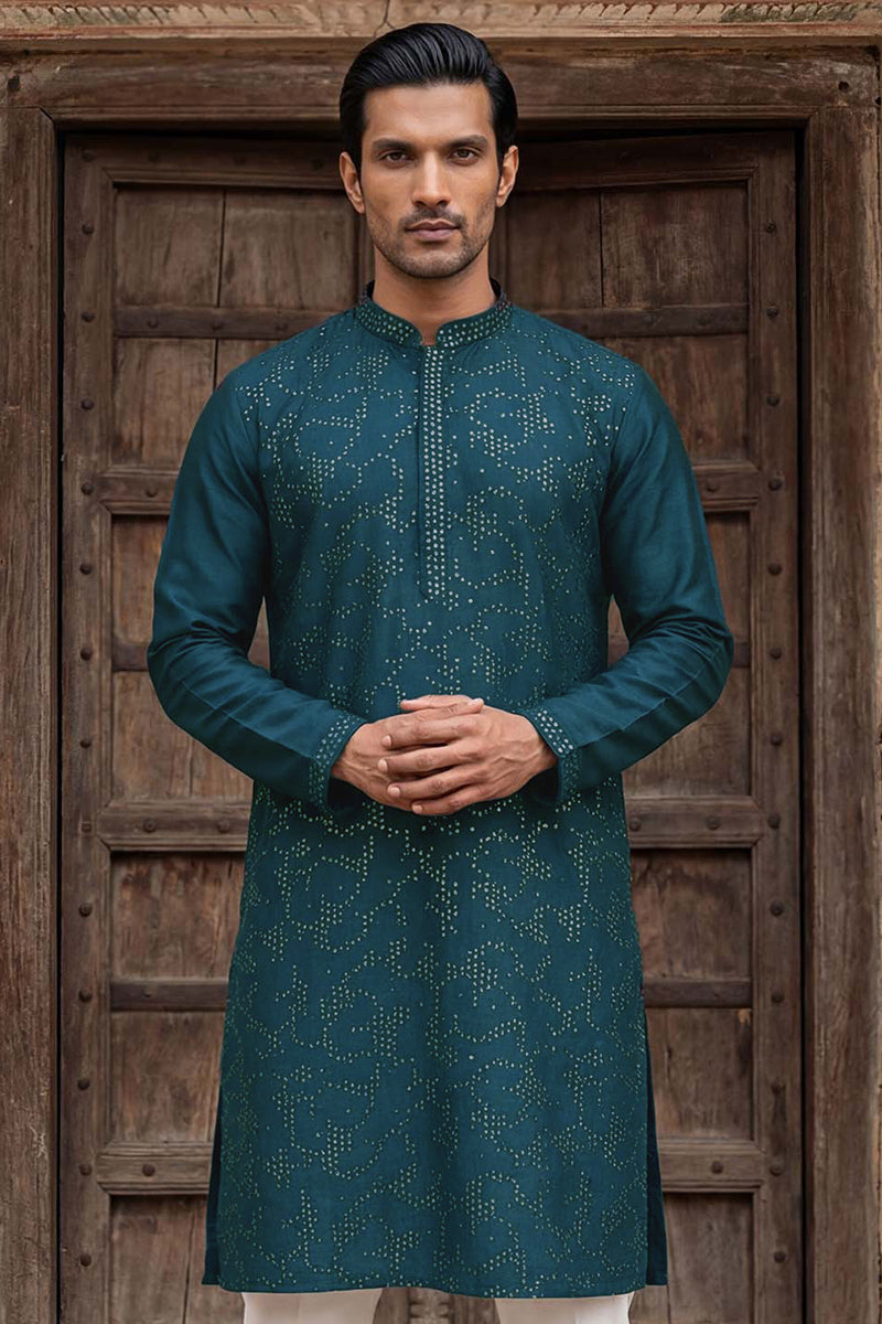 Silk Blend Teal Solid Embroidered Calf Length Straight Kurta | SHOBITAM
