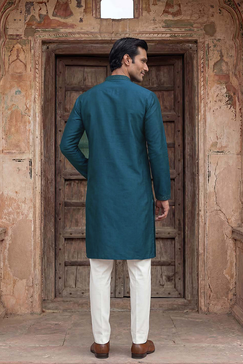 Silk Blend Teal Solid Embroidered Calf Length Straight Kurta | SHOBITAM