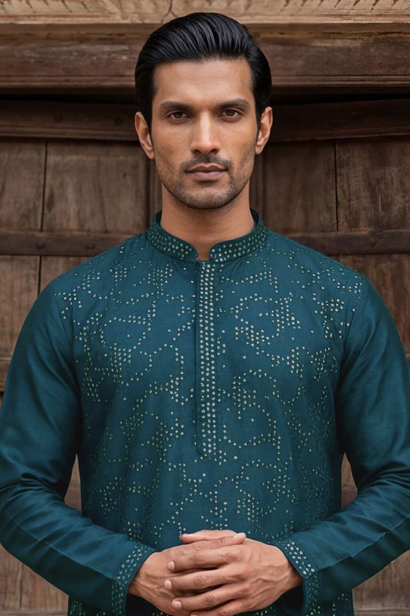 Silk Blend Teal Solid Embroidered Calf Length Straight Kurta | SHOBITAM