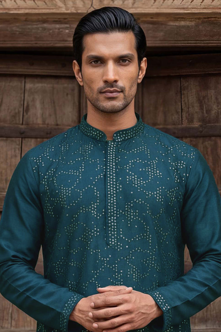 Silk Blend Teal Solid Embroidered Calf Length Straight Kurta | SHOBITAM