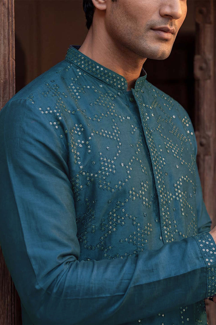 Silk Blend Teal Solid Embroidered Calf Length Straight Kurta | SHOBITAM