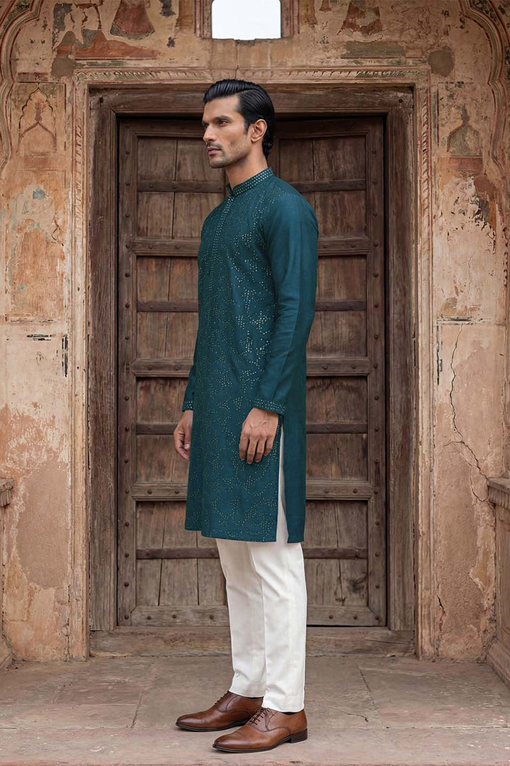 Silk Blend Teal Solid Embroidered Calf Length Straight Kurta | SHOBITAM