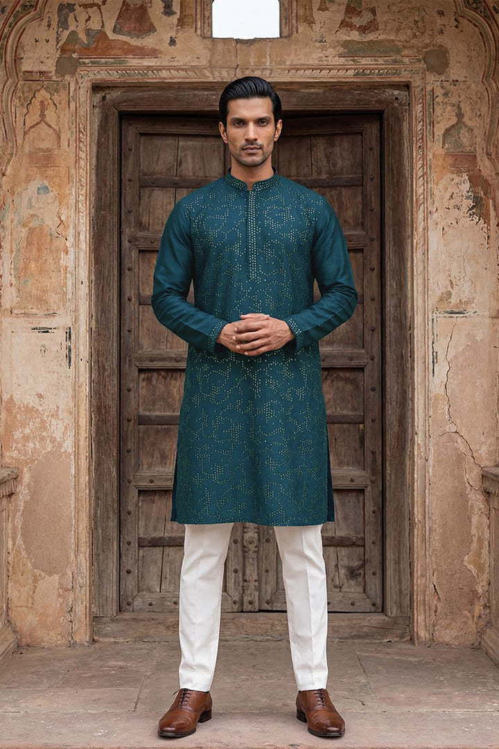 Silk Blend Teal Solid Embroidered Calf Length Straight Kurta | SHOBITAM