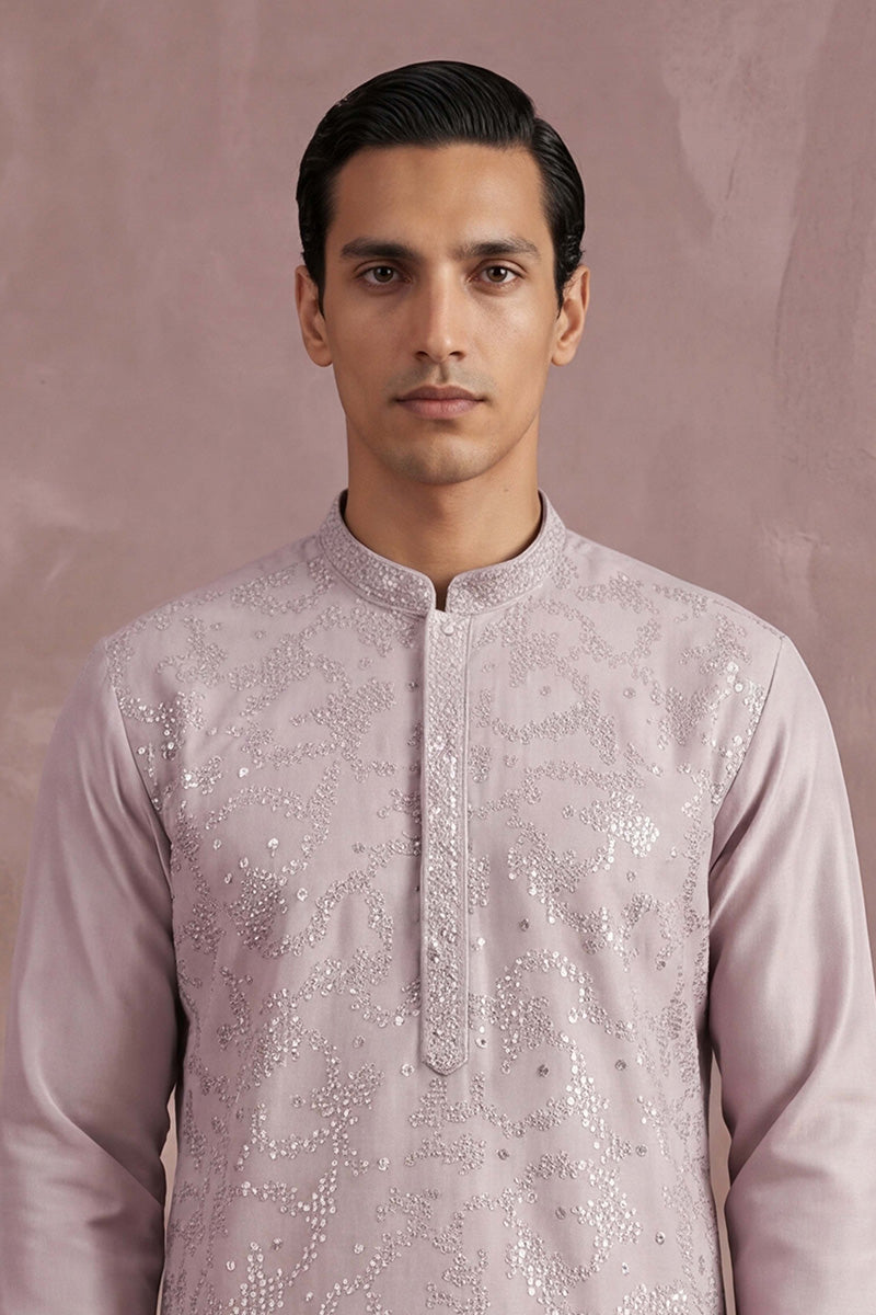 Men Lavender Silk Blend Embroidered Straight Kurta Sets | SHOBITAM