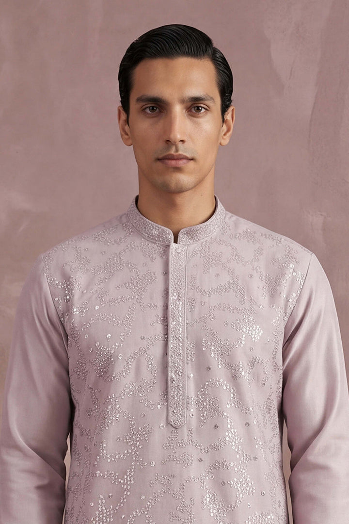 Men Lavender Silk Blend Embroidered Straight Kurta Sets | SHOBITAM